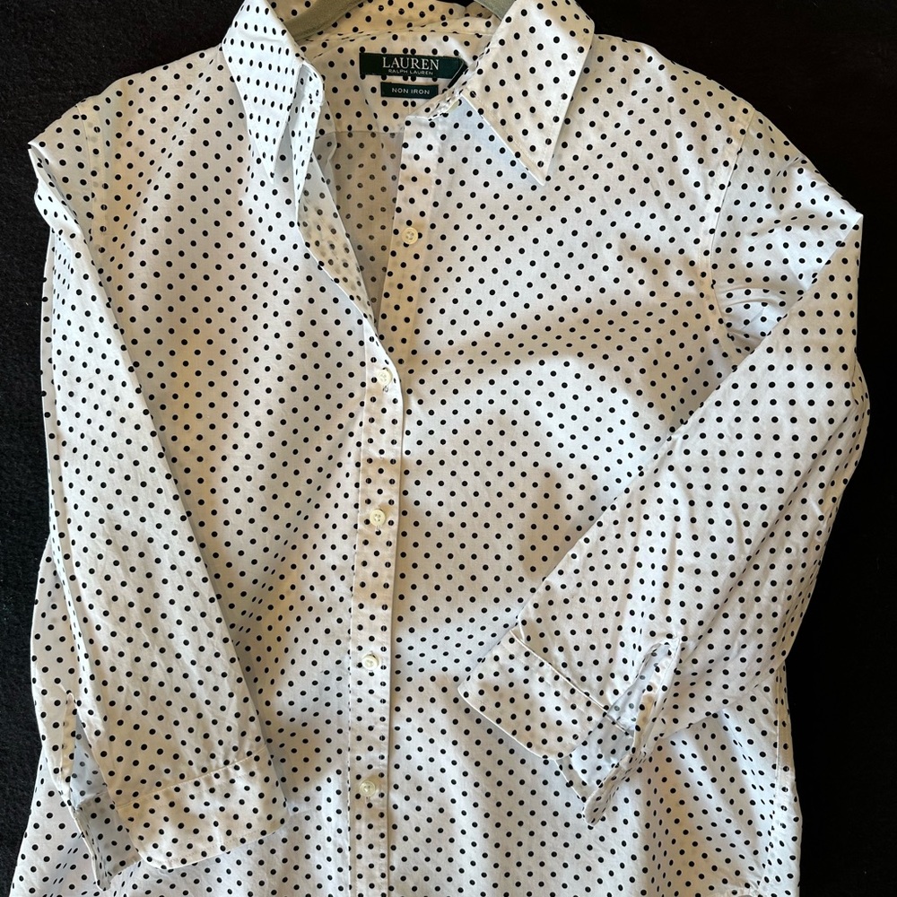 Lauren white blouse with navy polka dot, classic look